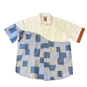 ONE432 Men's Short Sleeve Button Down Shirt Off White Blue Size XL